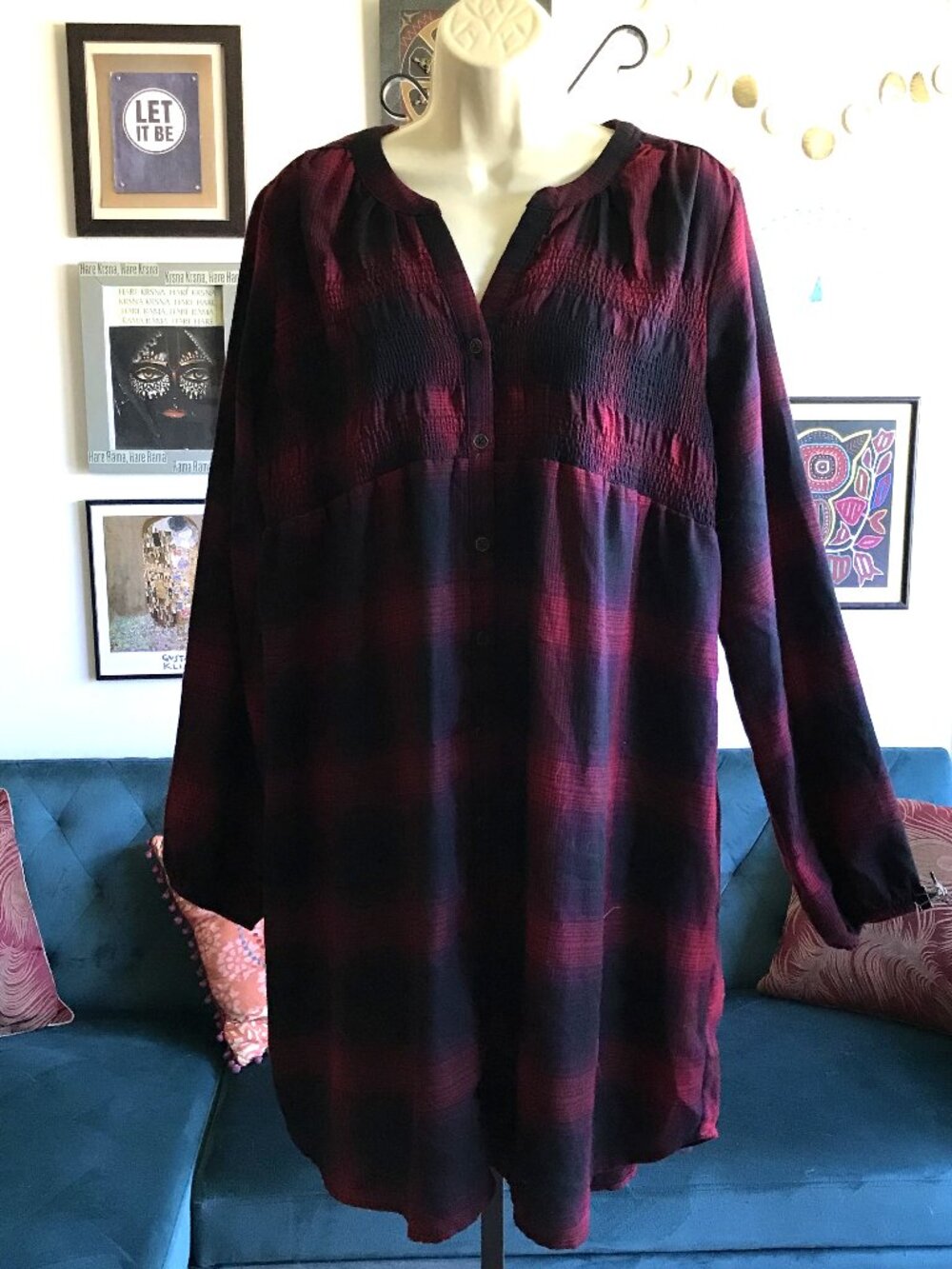 KNOX ROSE size XL Red & Black Plaid Button Front Smocked Tunic Shirt Dress